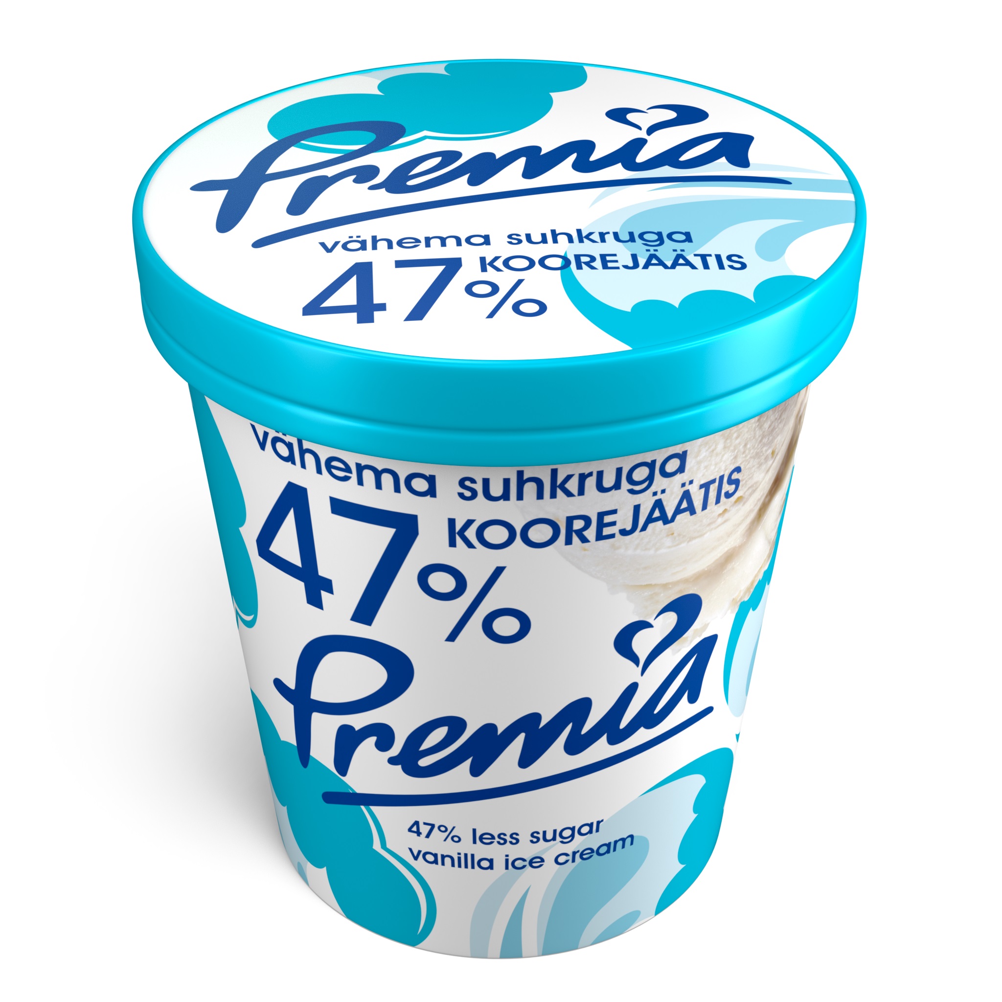 Premia 47% vähema suhkruga KOOREJÄÄTIS 47% less sugar vanilla ice cream mark