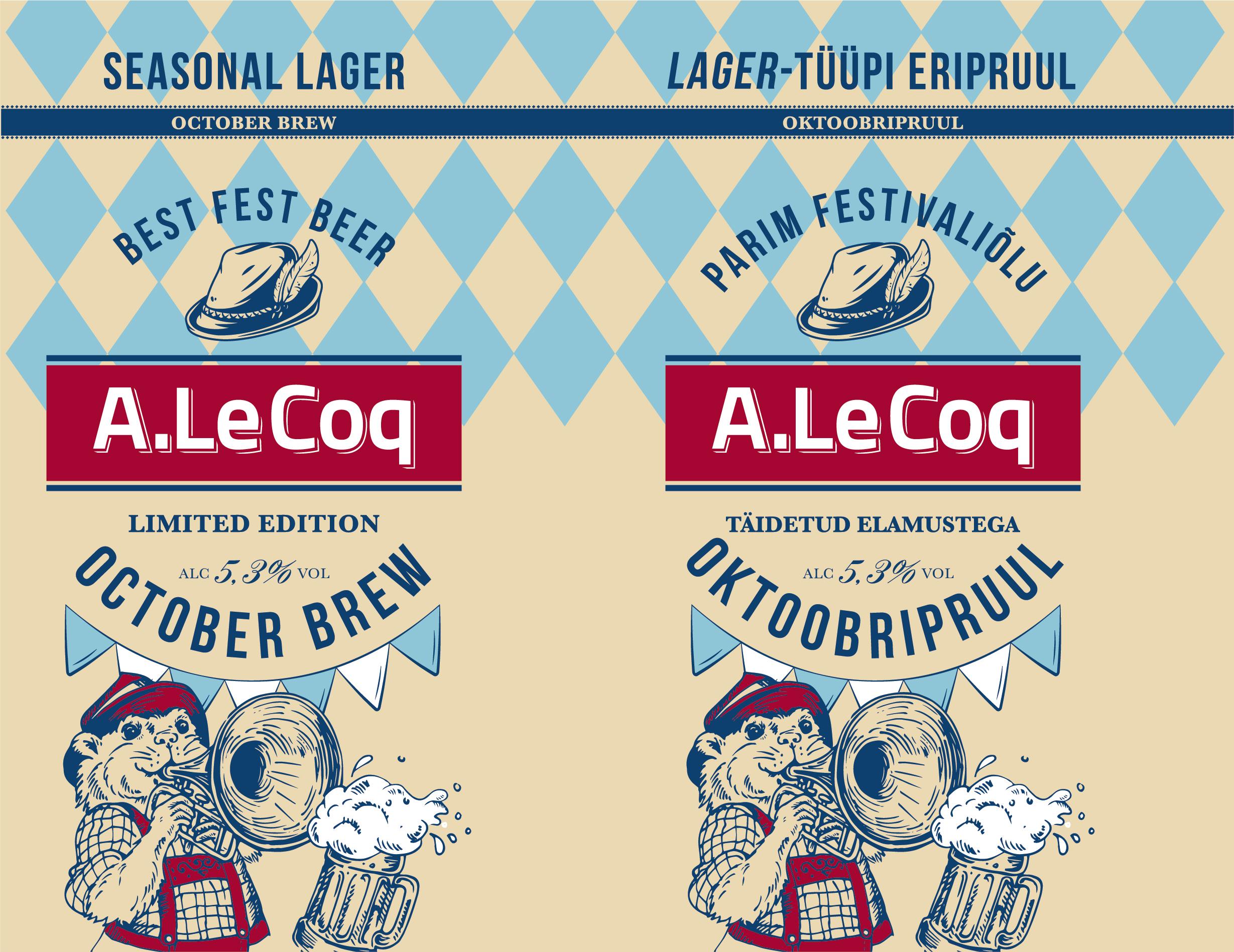 SEASONAL LAGER LAGER-TÜÜPI ERIPRUUL BEST FEST BEER PARIM FESTIVALIÕLU LIMITED EDITION TÄIDETUD ELAMUSTEGA A.Le Coq OCTOBER BREW OKTOOBRIPRUUL ALC 5,3% VOL mark