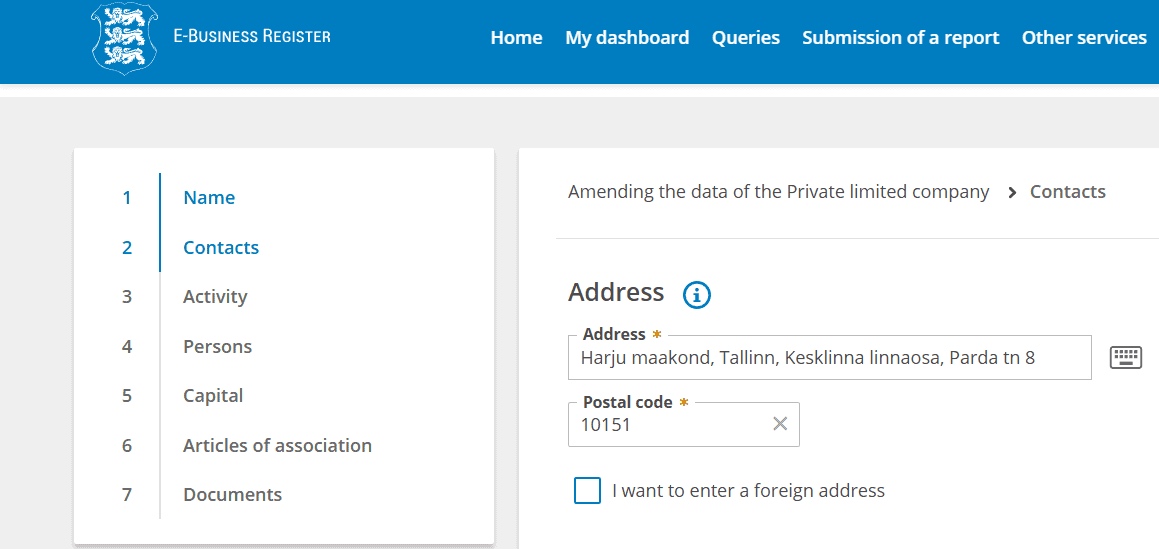 Estonian Business Register address input screen with postal code and address fields.